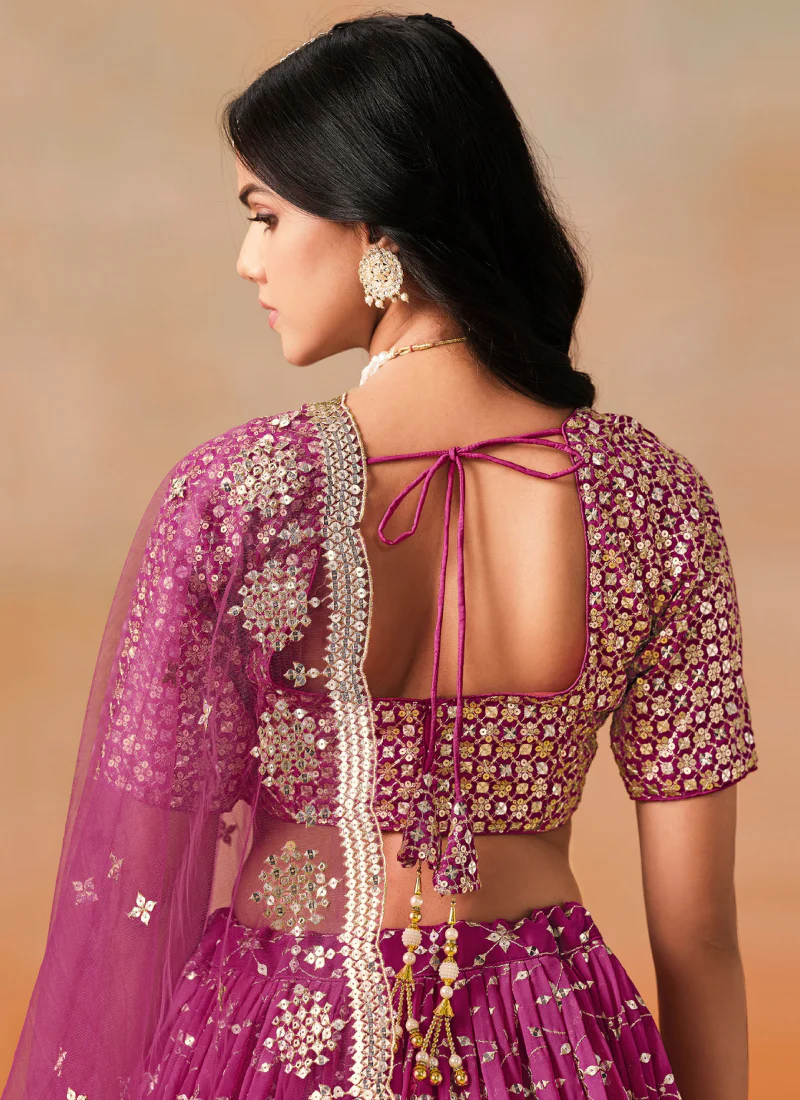 Georgette Pink Shaded Zari Embroidered Ceremonial Wear Lehenga Choli - Image 6