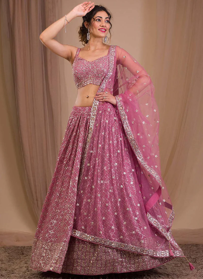 Georgette Sequence Embroidered Pink Wedding Wear Lehenga Choli