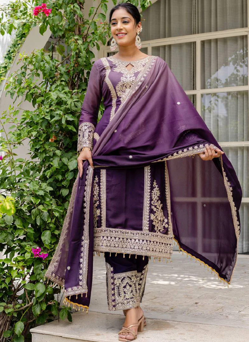 Georgette Sequence Embroidered Purple Salwar Kameez With Dupatta - Image 3