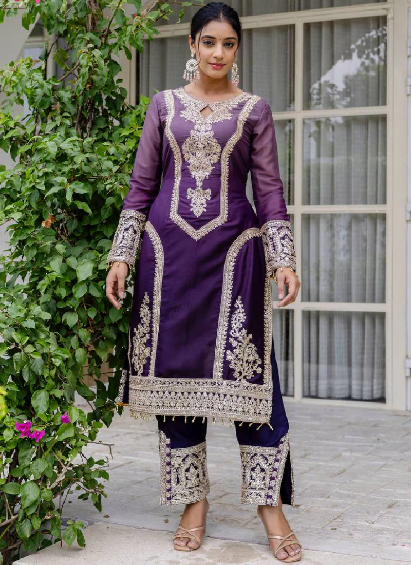 Georgette Sequence Embroidered Purple Salwar Kameez With Dupatta - Image 4