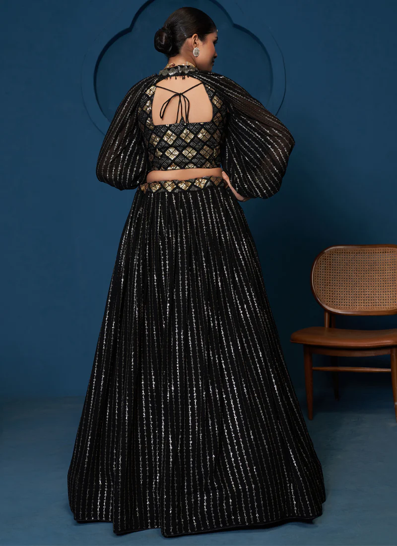 Georgette Sequence Work Black Crop Top Skirt With Choker Sleeves - Image 5
