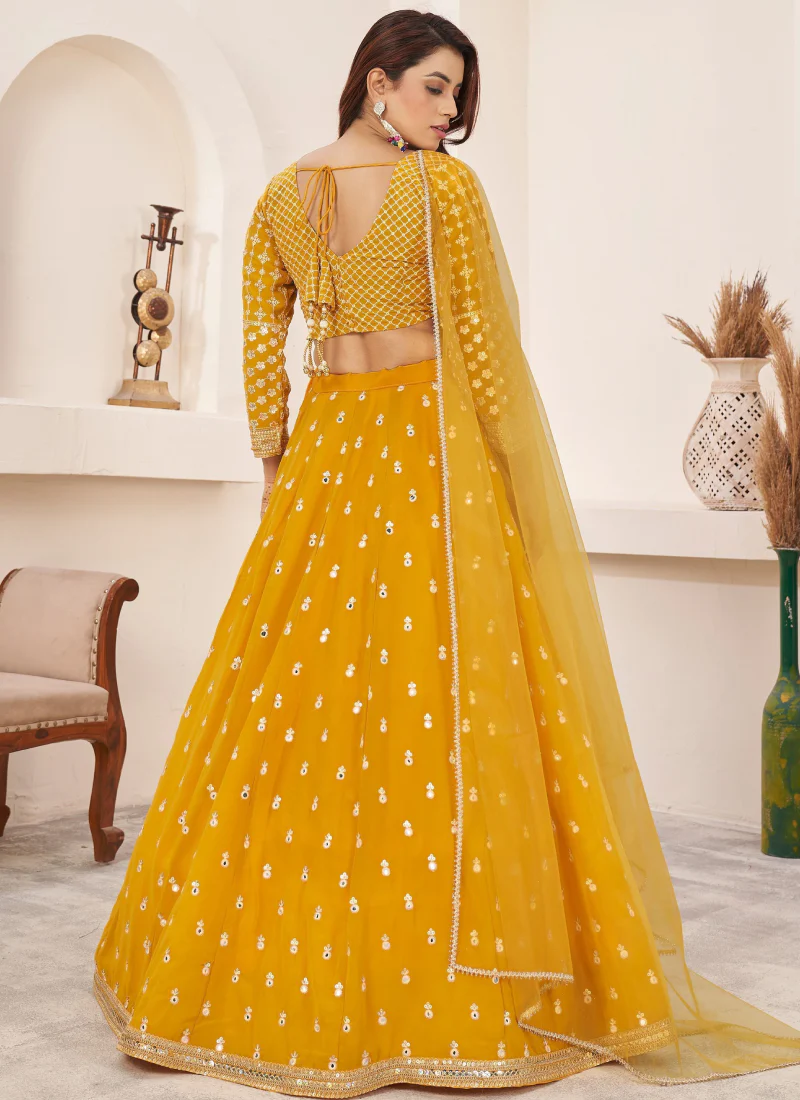 Georgette Thread Embroidery Work Yellow Haldi Lehenga Choli - Image 3