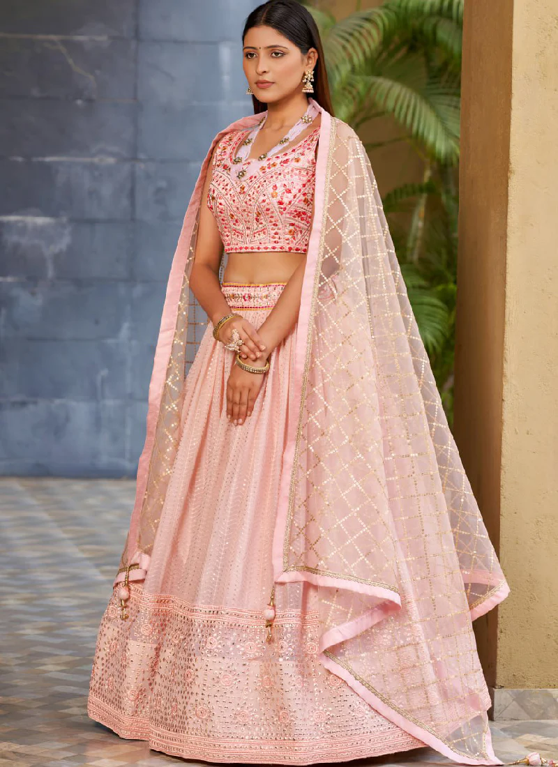 Georgette Zari Embroidered Light Pink Fancy Lehenga Choli For Women - Image 3