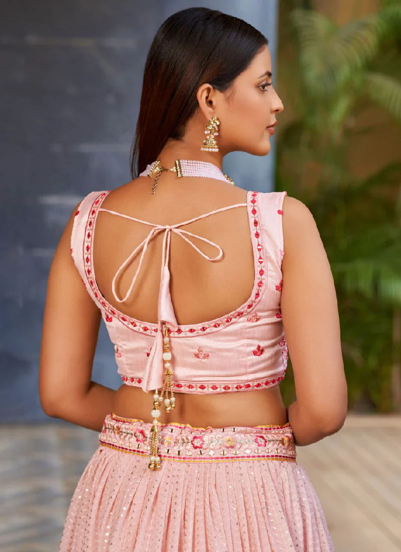 Georgette Zari Embroidered Light Pink Fancy Lehenga Choli For Women - Image 9