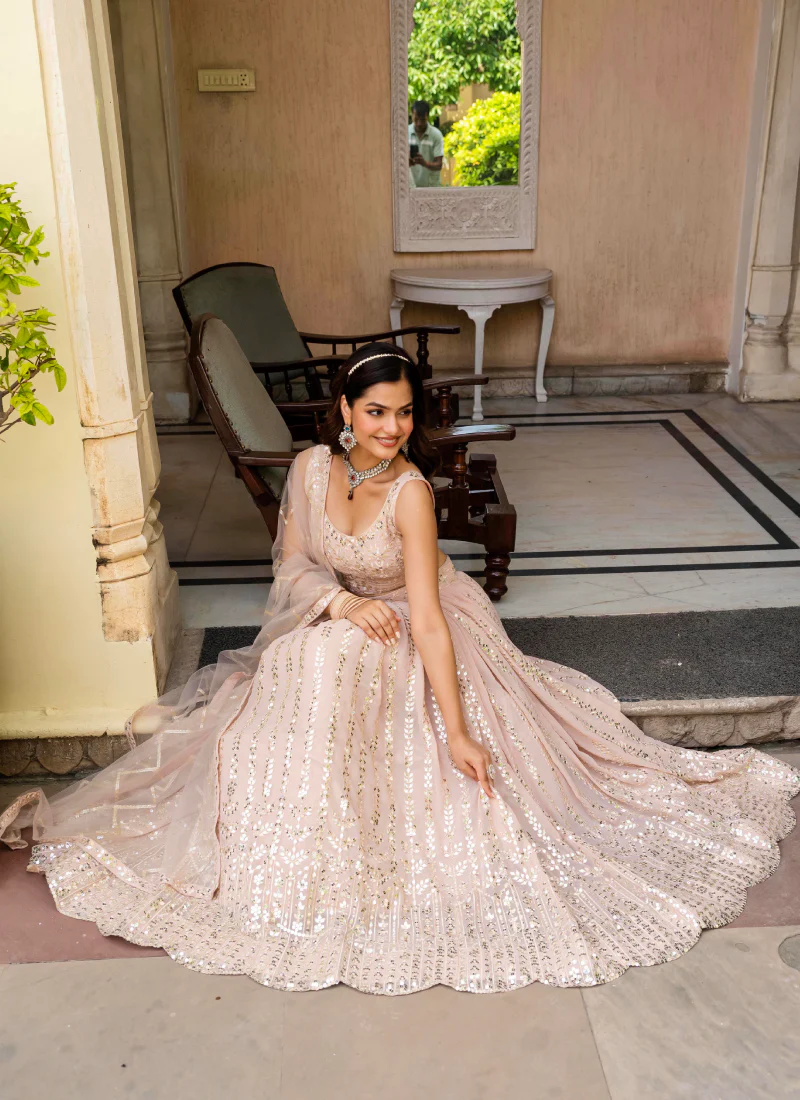 Georgette Zari Sequence Work Peach Festival Lehenga Choli For Women - Image 12
