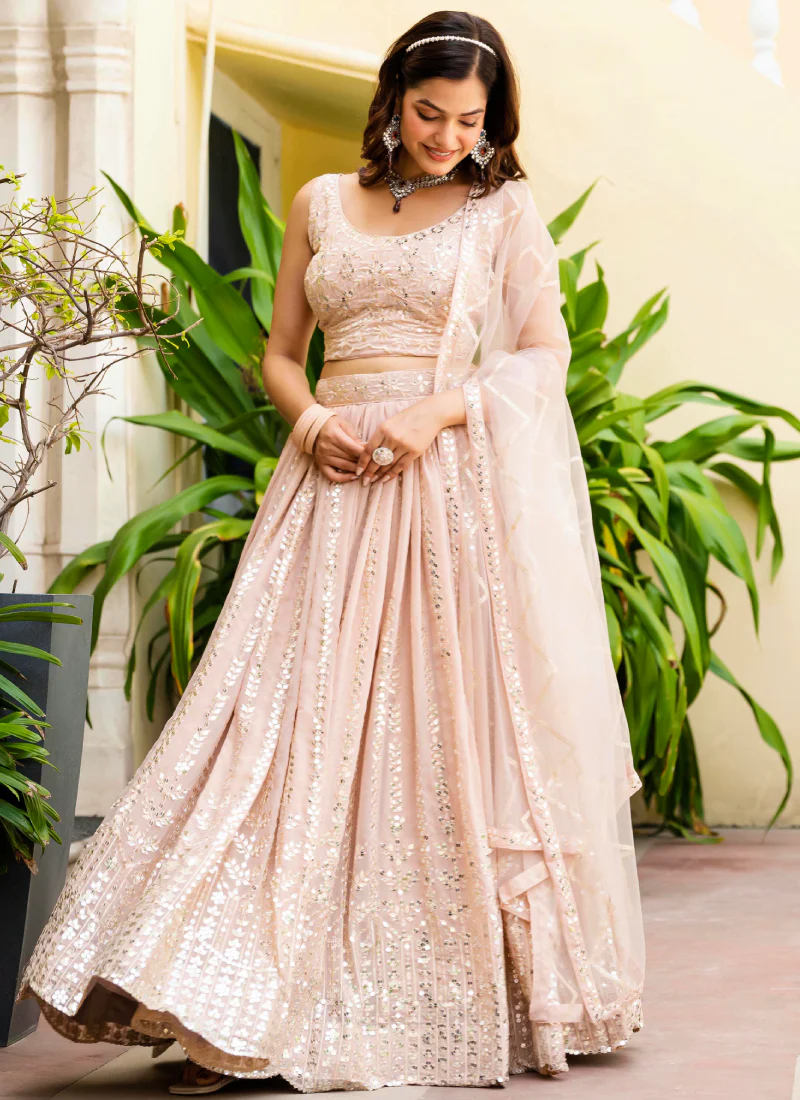 Georgette Zari Sequence Work Peach Festival Lehenga Choli For Women - Image 4