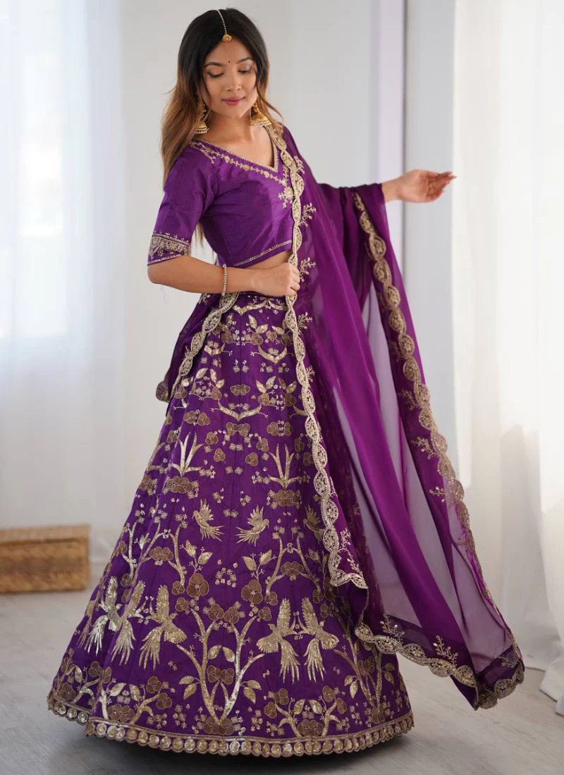 Glamorous Zari Sequence Work Art Silk Purple Indian Wear Lehenga Choli - Image 3