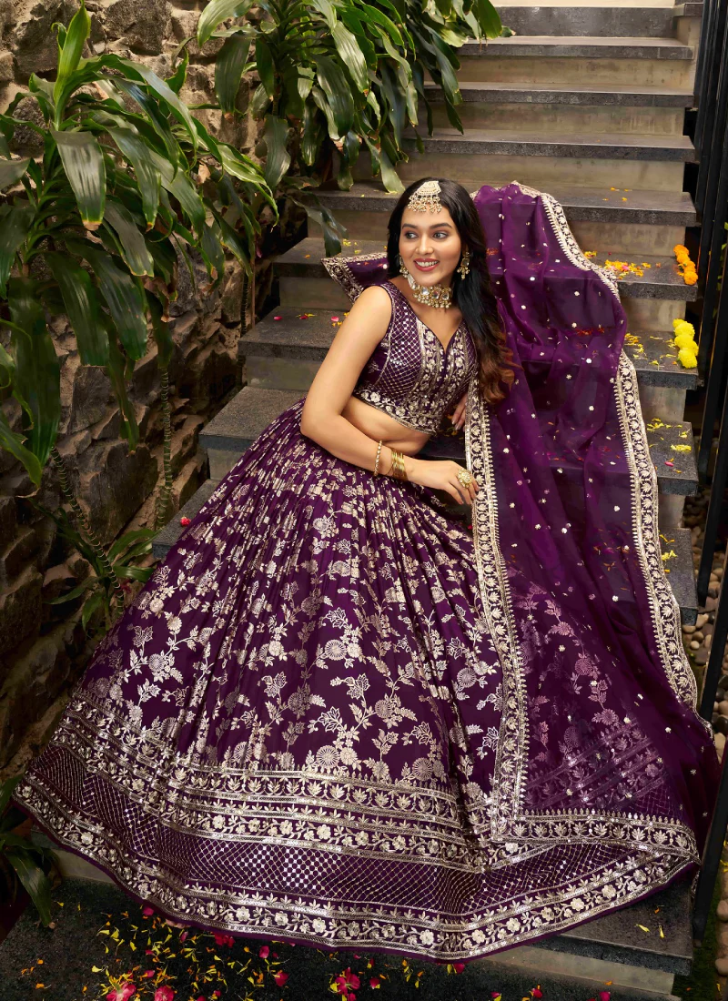 Glamorous Zari Weaving Sequence Jacquard Silk Wine Lehenga Choli Set - Image 6