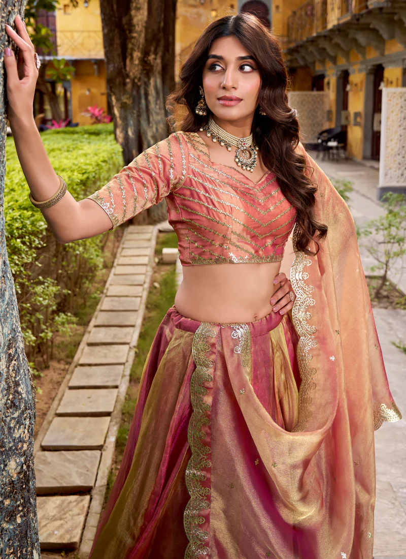 Gold Pink Organza Silk Plain Lehenga With Zari Embroidered Blouse - Image 2