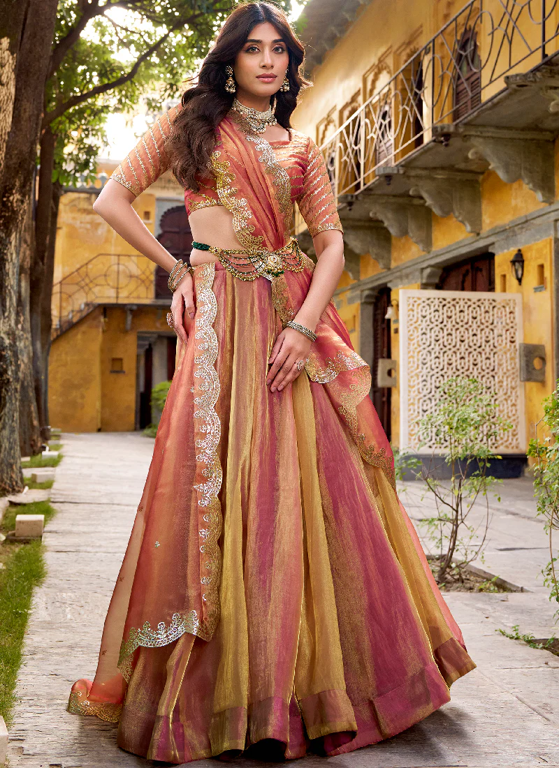Gold Pink Organza Silk Plain Lehenga With Zari Embroidered Blouse - Image 4