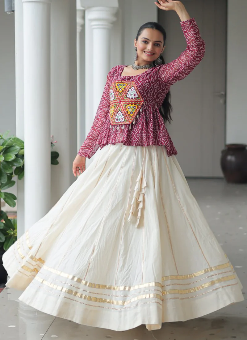 Gota Patti Work Beige Lehenga With Bandhani Printed Maroon Kediya - Image 10