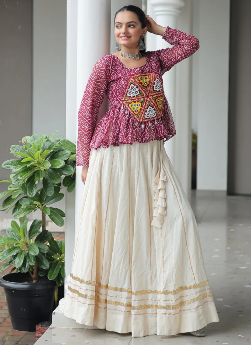 Gota Patti Work Beige Lehenga With Bandhani Printed Maroon Kediya - Image 6