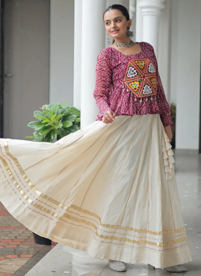Gota Patti Work Beige Lehenga With Bandhani Printed Maroon Kediya - Image 8