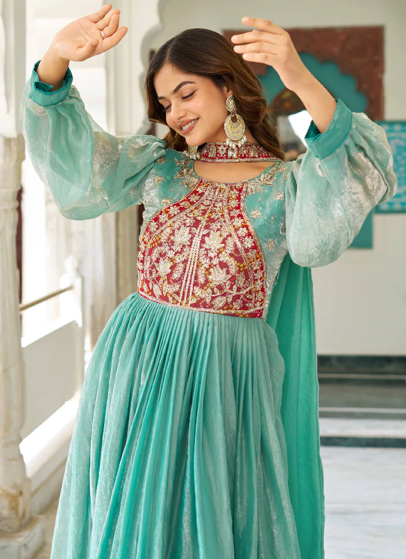 Grateful Occasion Wear Embroidered Green Silk Long Gown With Dupatta - Image 3