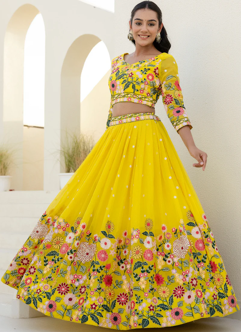 Haldi Special Yellow Floral Thread Embroidered Work Organza Lehenga - Image 6