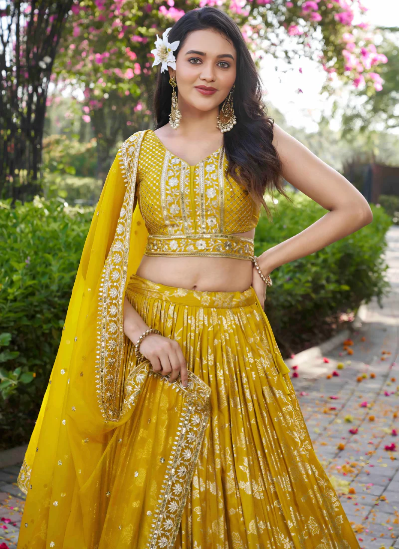 Haldi Special Zari Weaving Embroidery Jacquard Yellow Lehenga Choli - Image 2