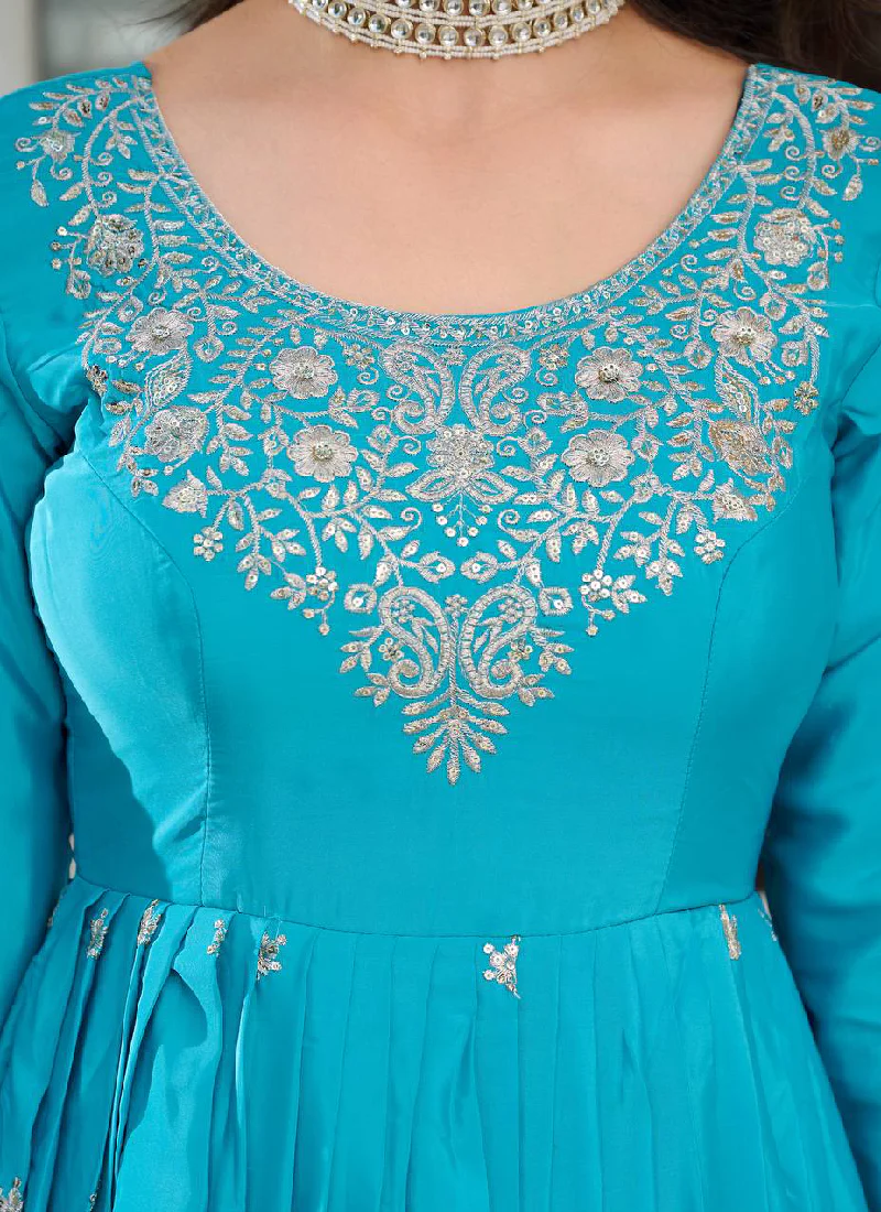 Heavy Embroidered Sky Blue American Silk Designer Anarkali Gown - Image 2