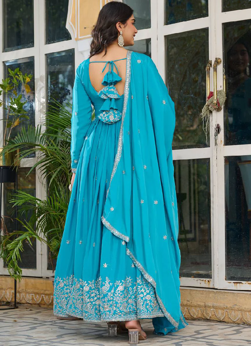 Heavy Embroidered Sky Blue American Silk Designer Anarkali Gown - Image 4