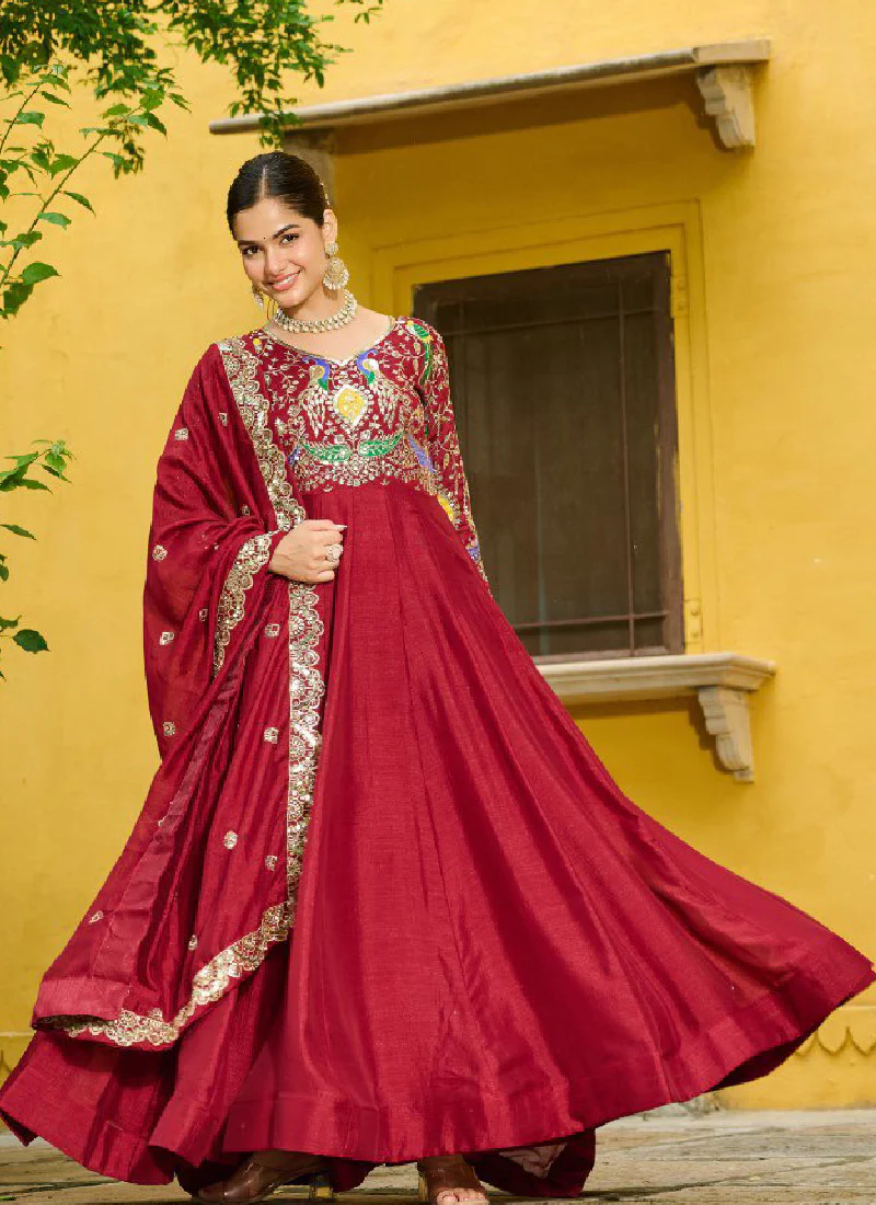 Heavy Embroidered Vichitra Silk Ready To Wear Maroon Gown With Dupatta - Image 5