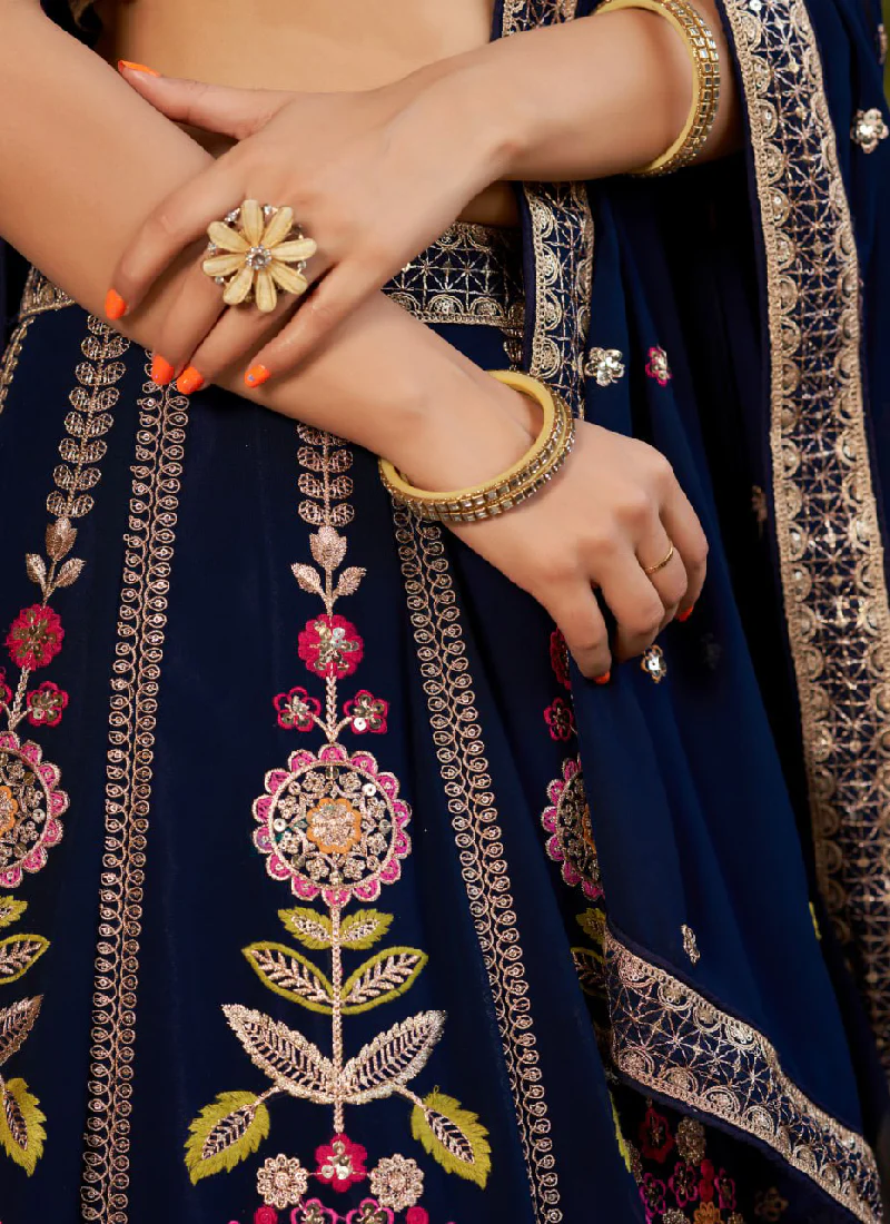Heavy Multi Thread Embroidered Work Georgette Navy Blue Lehenga Choli - Image 7