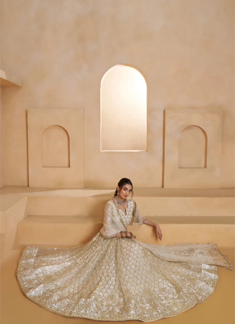 Heavy Sequence Embroidered Off White Wedding Wear Net Lehenga Choli - Image 6