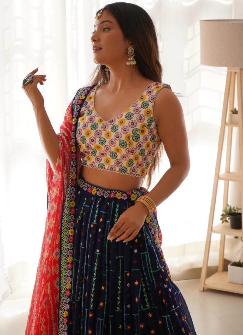 Heavy Thread Embroidered Georgette Navy Blue Wedding Lehenga Choli - Image 2