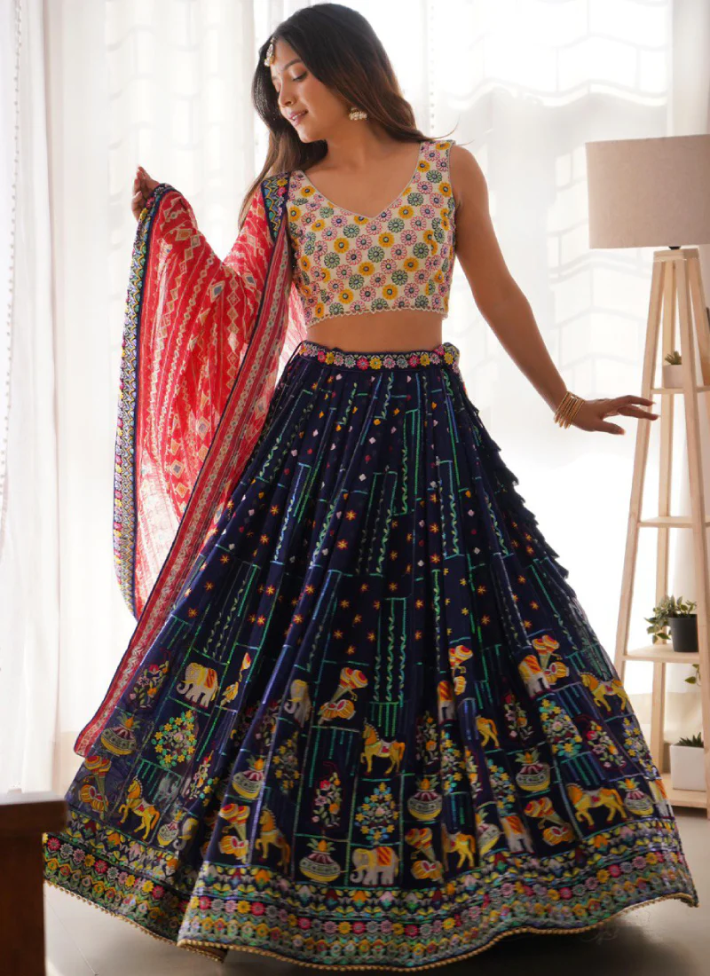 Heavy Thread Embroidered Georgette Navy Blue Wedding Lehenga Choli - Image 4