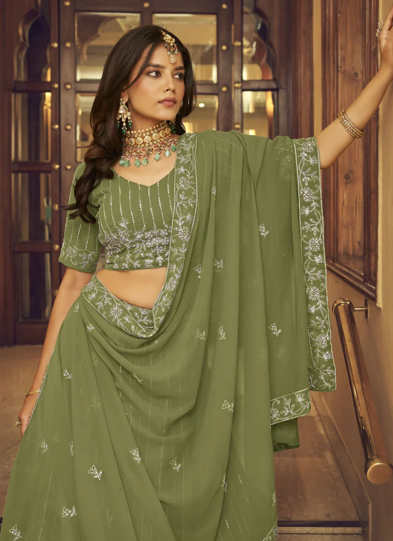 Incredible Faux Georgette Mehendi Green Viscose Work Lehenga - Image 3