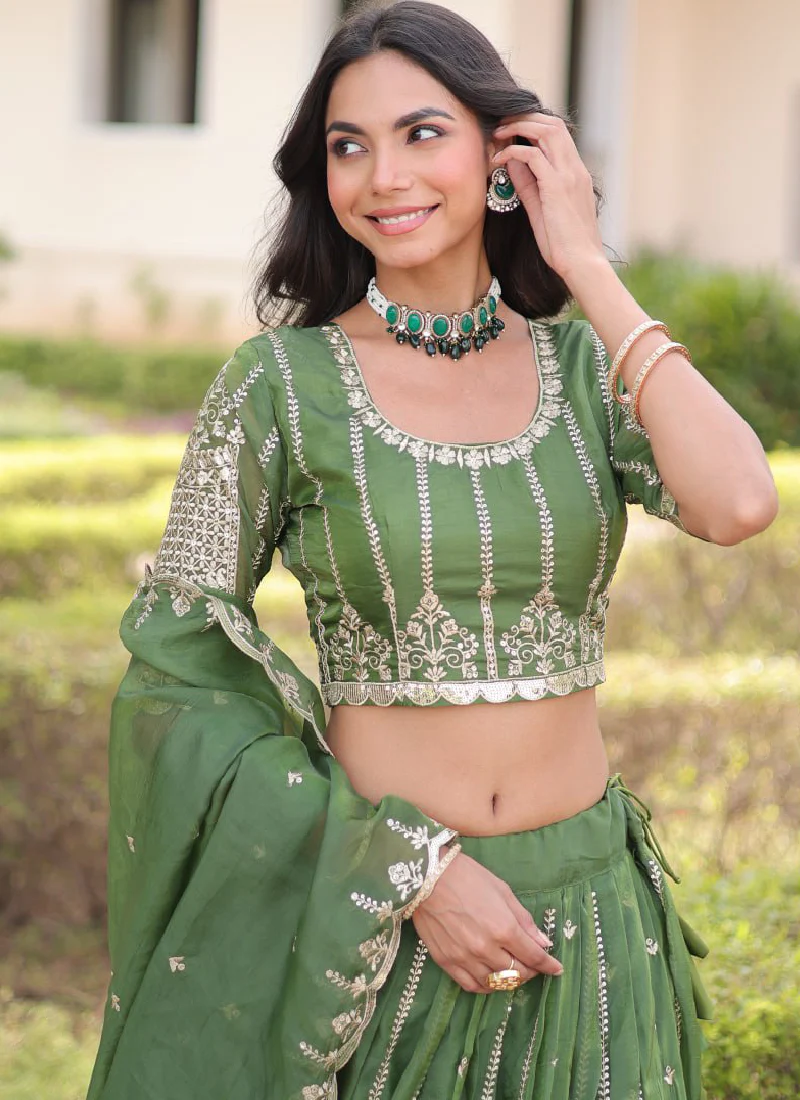 Incredible Gold Crush Pista Green Zari Embroidered Lehenga Choli Set - Image 2