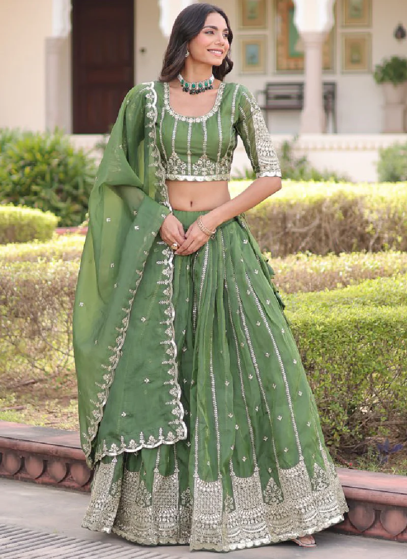 Incredible Gold Crush Pista Green Zari Embroidered Lehenga Choli Set - Image 4