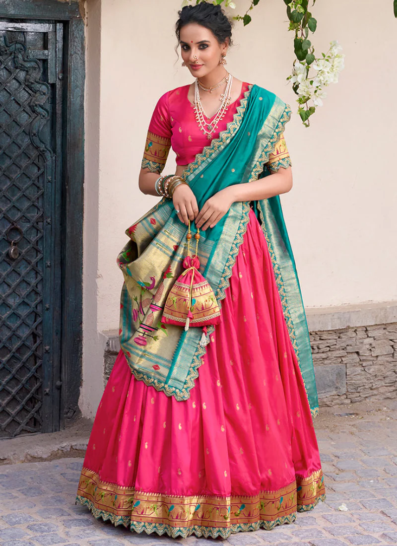 Incredible Pink Zari Weaving Jacquard Silk Paithani Lehenga Choli - Image 4