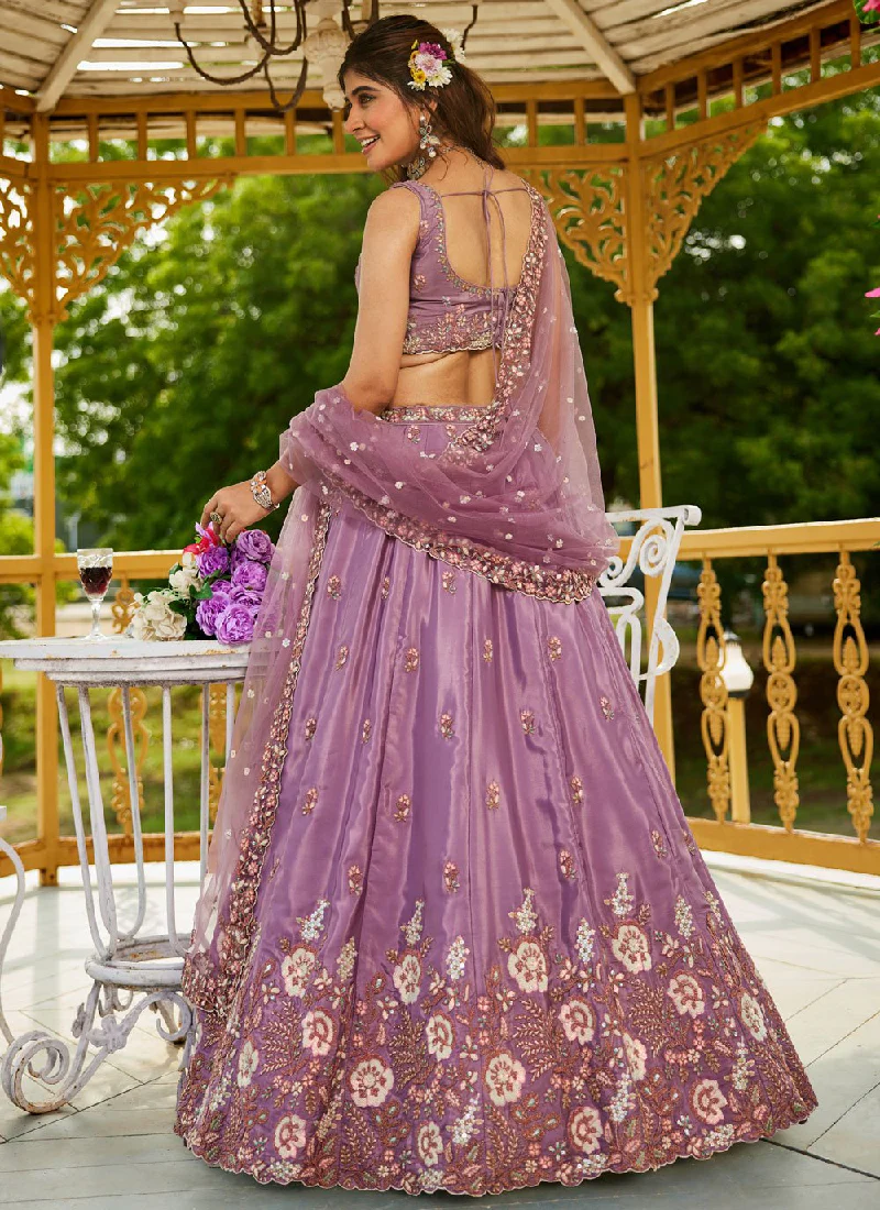 Incredible Satin Silk Zari Sequence Embroidered Purple Lehenga Choli - Image 4