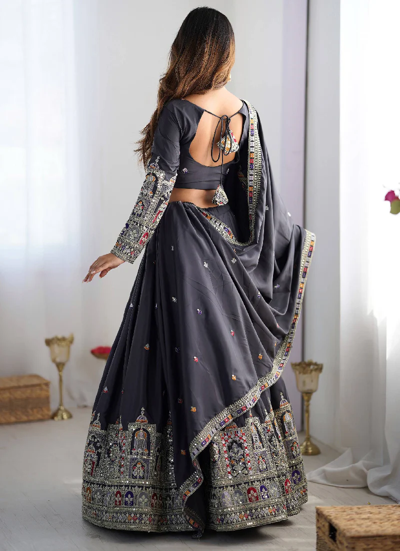 Incredible Silk Thread Embroidered Grey Traditional Lehenga Choli - Image 6
