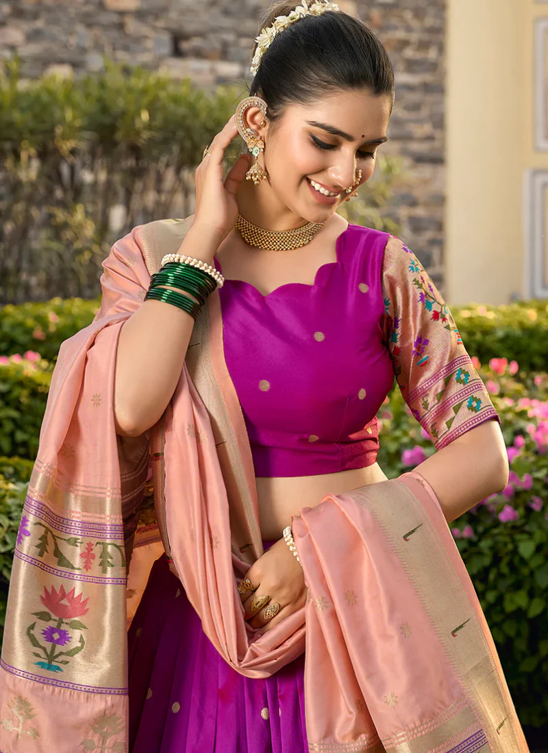 Incredible Zari Weaving Jacquard Silk Purple Paithani Lehenga Choli - Image 3