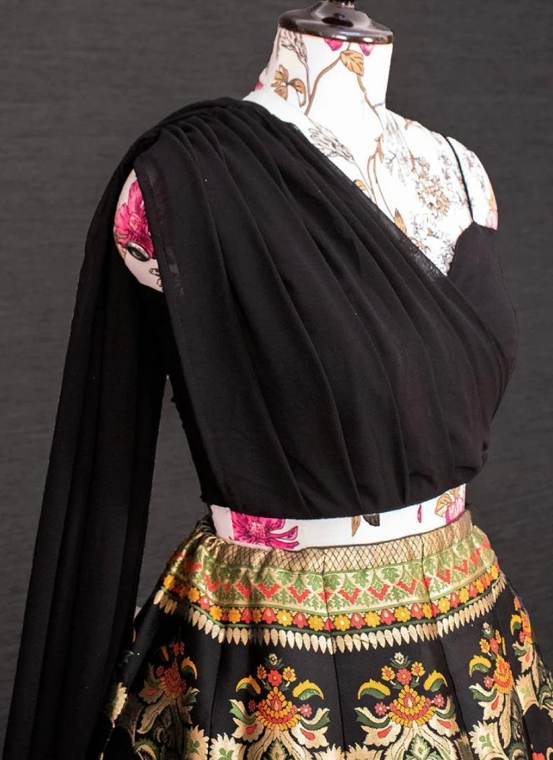 Indo Western Black Banarasi Lehenga With Designer Choli - Image 4