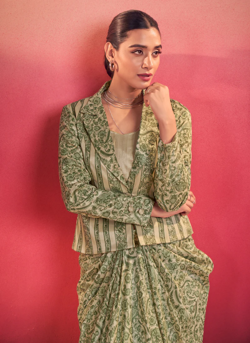 Indo Western Silk Printed Party Wear Green Drape Salwar With Jacket - Image 2