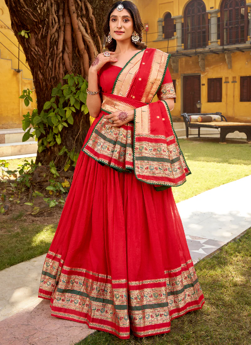 Interesting Red Zari Weaving Work Chanderi Silk Lehenga Choli For Women - Image 4