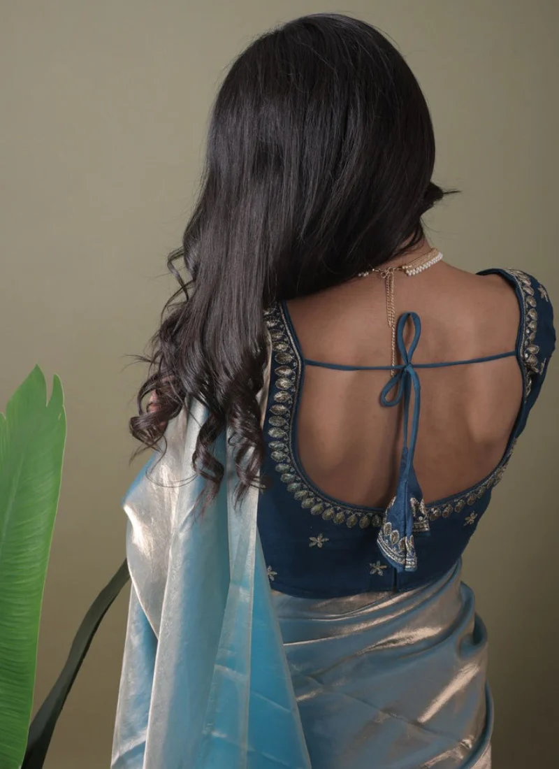 Jimmy Choo Organza Light Blue Saree With Sequence Embroidered Blouse - Image 3