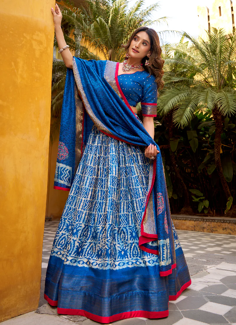 Latest Batik Print With Zari Weaving Dola Silk Blue Lehenga Choli Set - Image 4