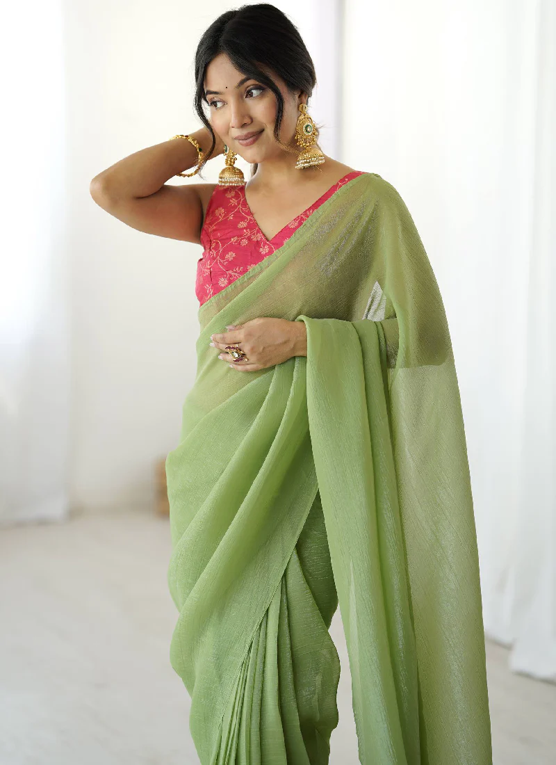 Latest Ready To Wear Pista Green Silk Saree With Banarasi Silk Blouse - Image 2