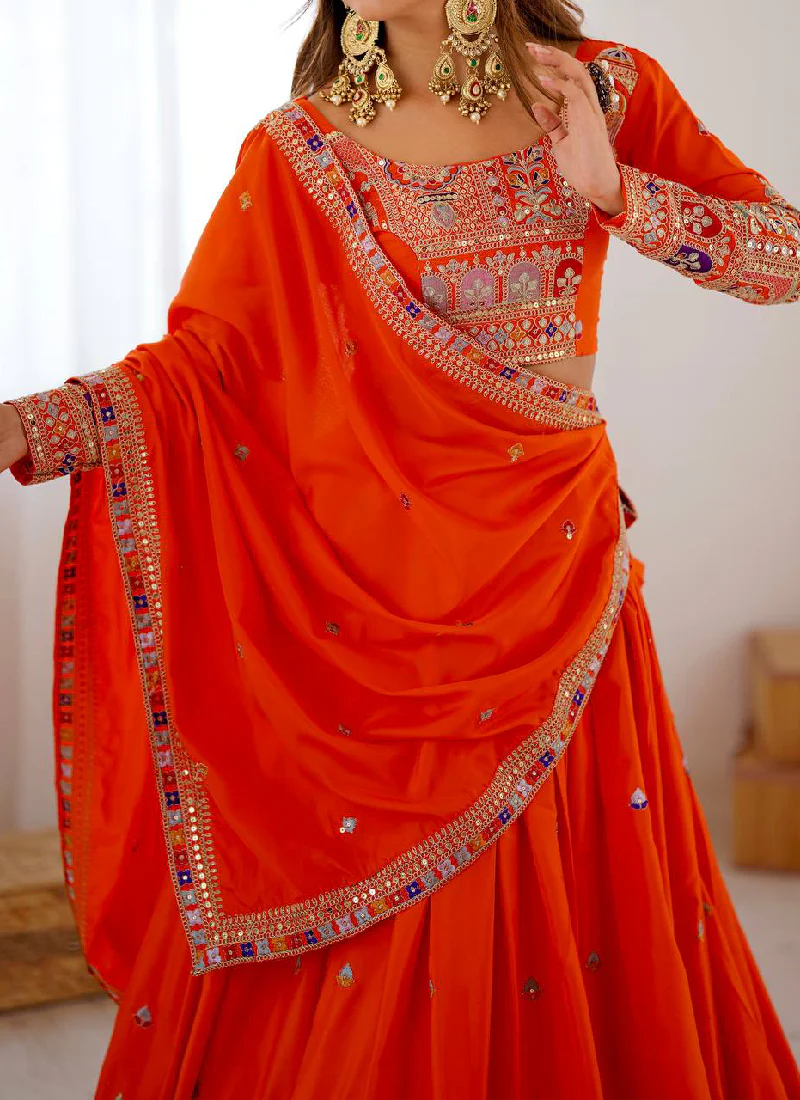 Latest Silk Sequence Embroidery Work Orange Lehenga Choli With Dupatta - Image 6