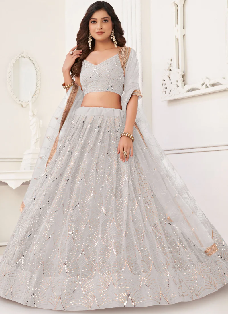 Latest Thread Embroidery Net Party Wear White Lehenga Choli - Image 3