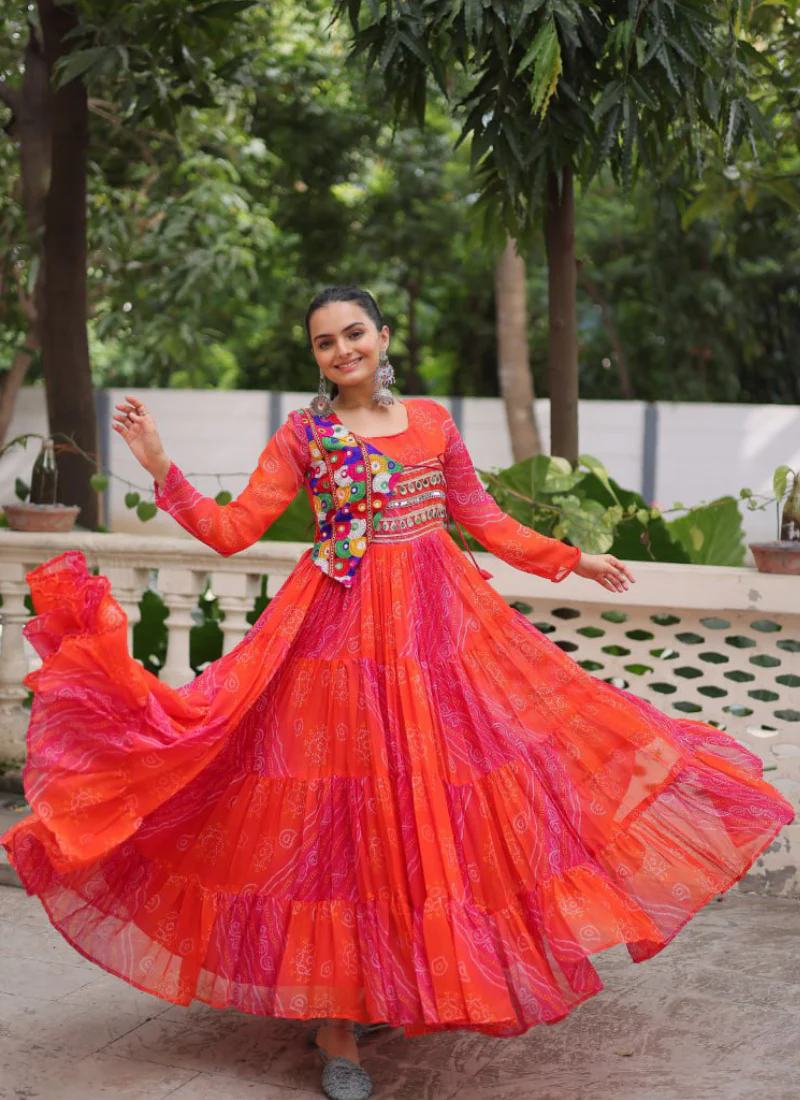 Leheriya Printed Gamthi Work Georgette Red Traditional Wear Gown - Image 10