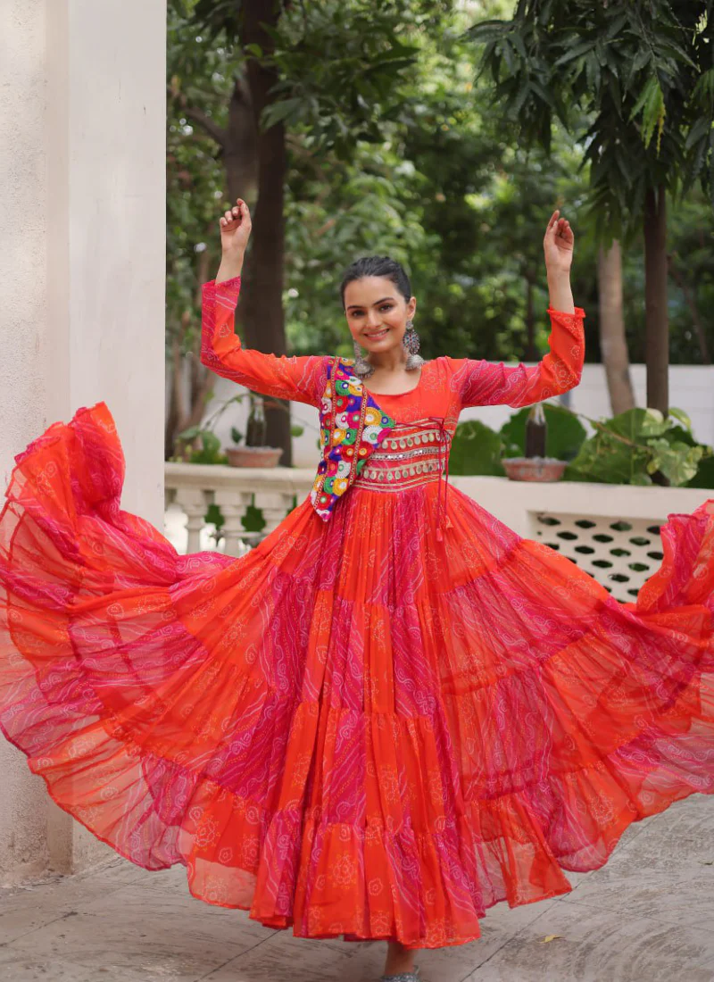 Leheriya Printed Gamthi Work Georgette Red Traditional Wear Gown - Image 11