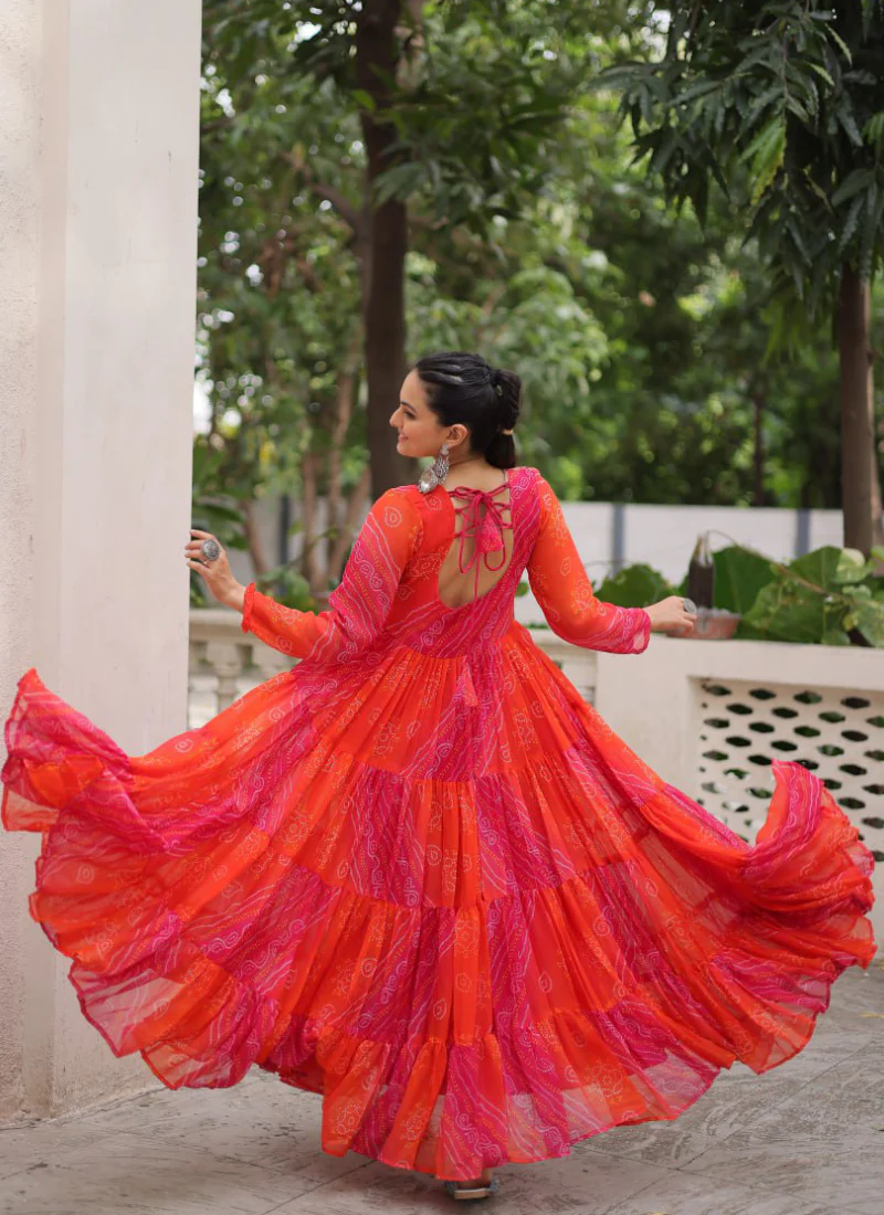 Leheriya Printed Gamthi Work Georgette Red Traditional Wear Gown - Image 12