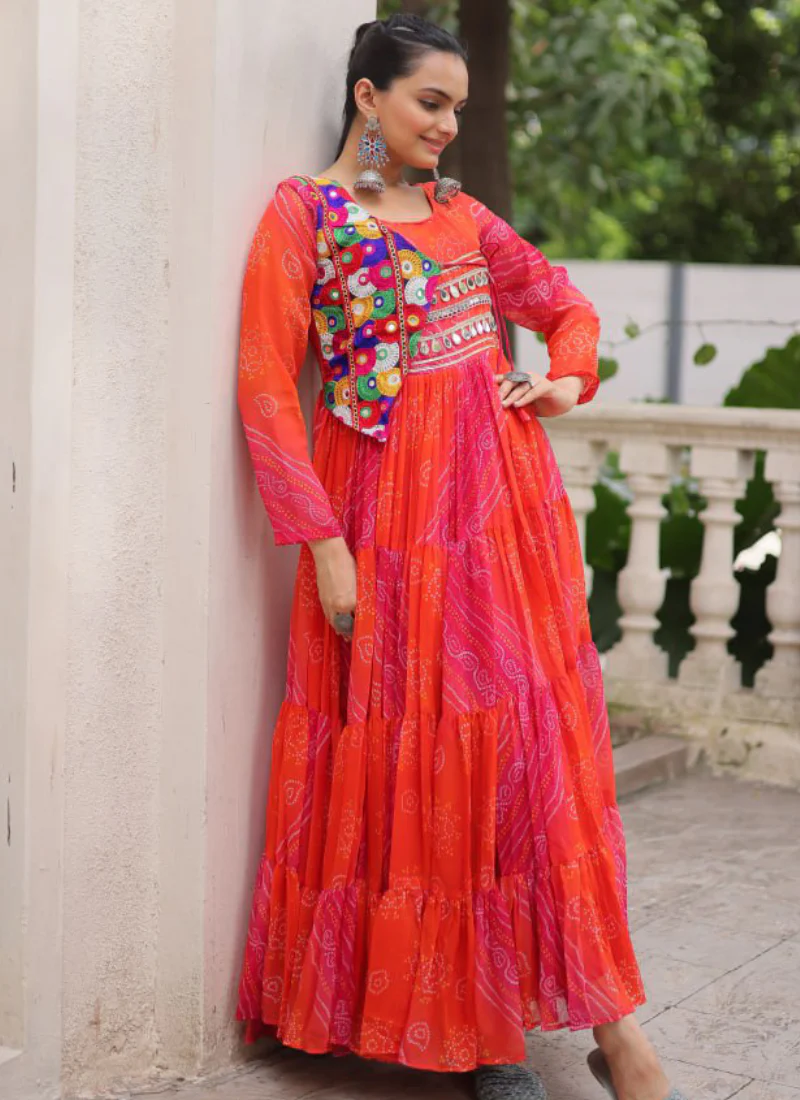 Leheriya Printed Gamthi Work Georgette Red Traditional Wear Gown - Image 5