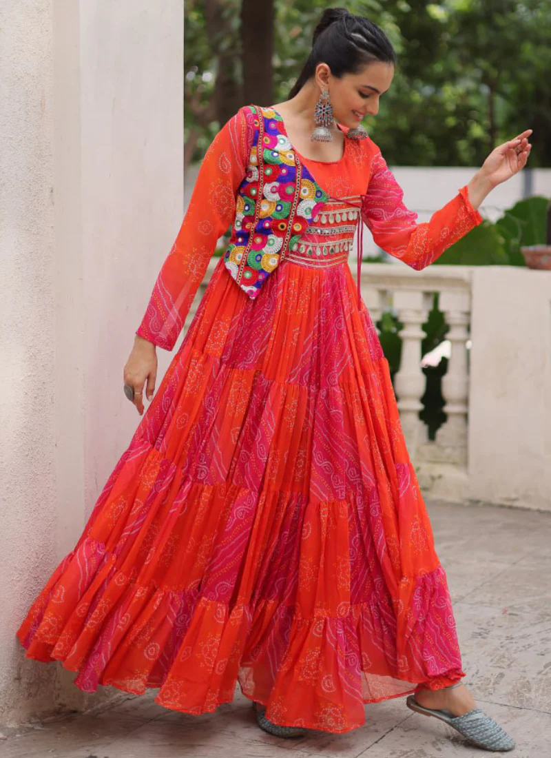 Leheriya Printed Gamthi Work Georgette Red Traditional Wear Gown - Image 6
