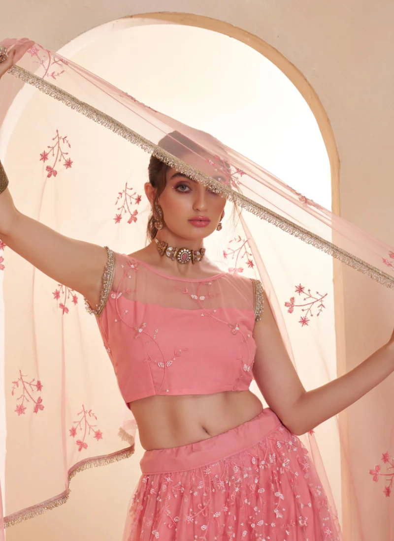Light Pink Beats Embroidered Work Net Lehenga Choli For Dupatta - Image 2
