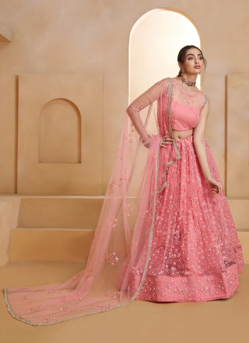 Light Pink Beats Embroidered Work Net Lehenga Choli For Dupatta - Image 4