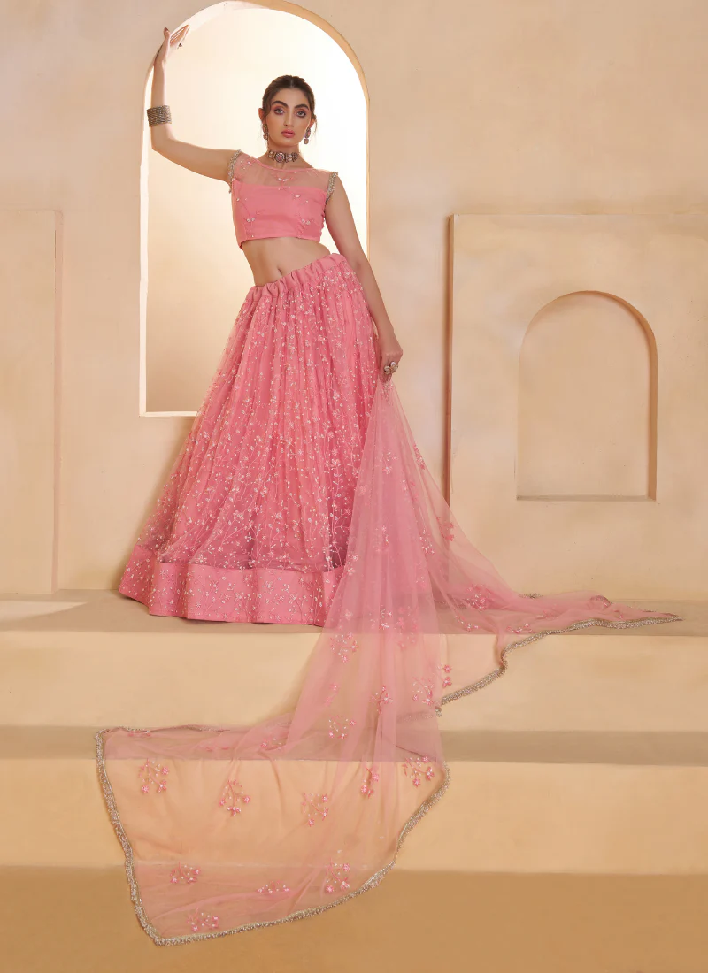 Light Pink Beats Embroidered Work Net Lehenga Choli For Dupatta - Image 5